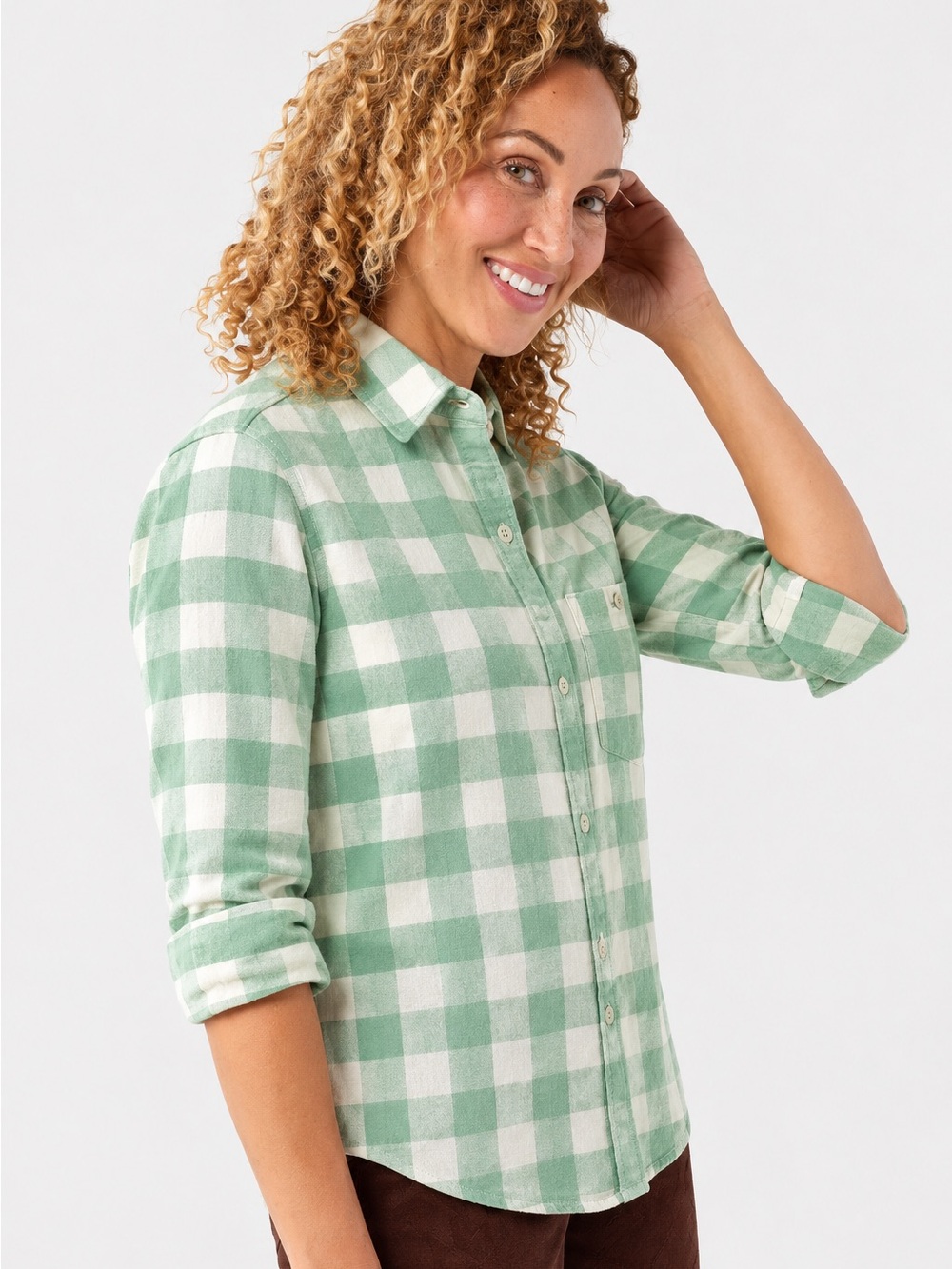 Stio Miter Stretch Flannel Button Down Shirt Green and White Plaid Medium